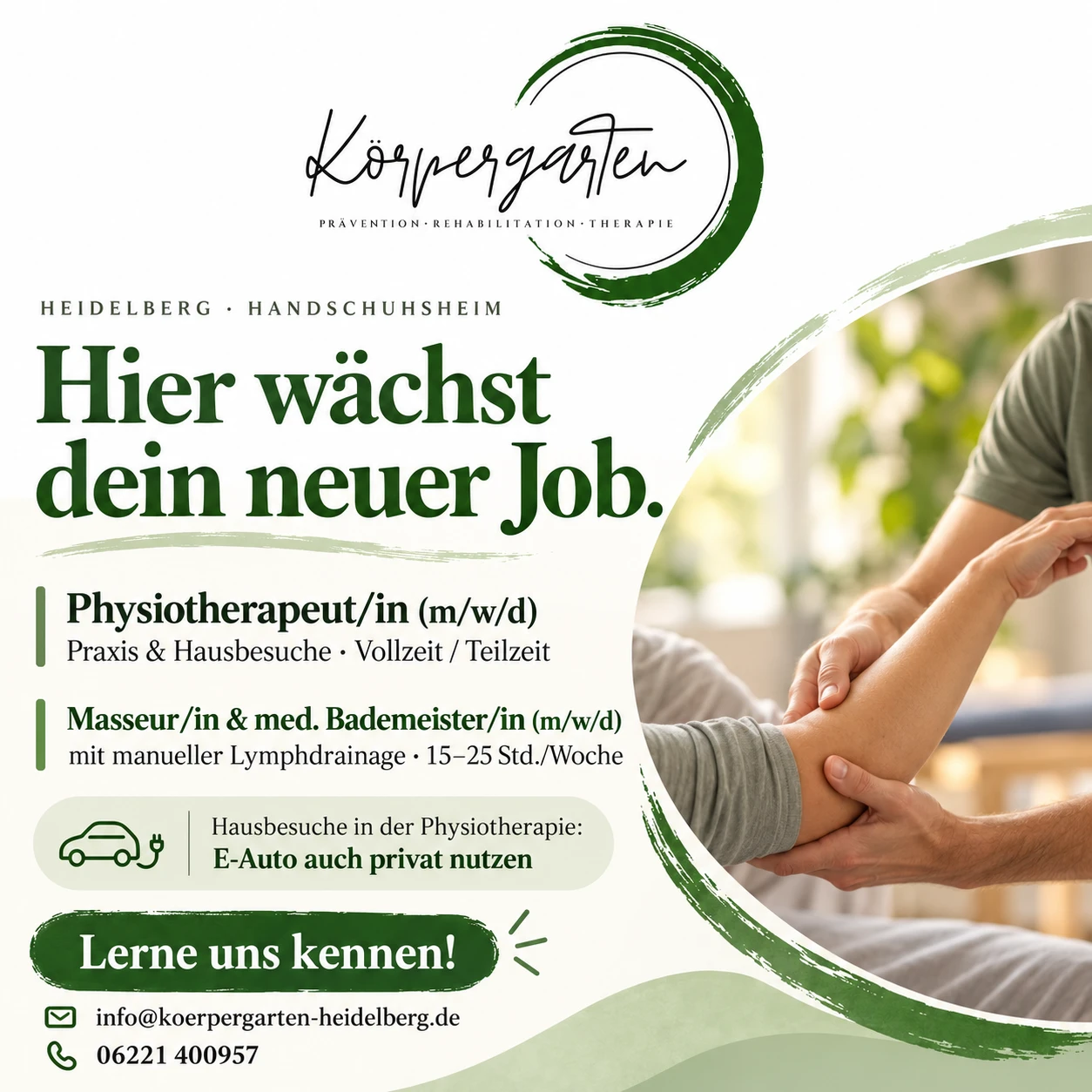 Körpergarten-Stellenmotiv: Hier wächst dein neuer Job. Physiotherapie und MLD in Heidelberg, mit Kontaktinformationen.